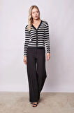 Kadın Çizgi Desenli Likralı Kaşkorse V Yaka Yanları Yırtmaçlı Uzun Hırka-Siyah Çizgi