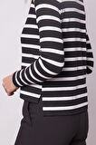 Kadın Çizgi Desenli Likralı Kaşkorse V Yaka Yanları Yırtmaçlı Uzun Hırka-Siyah Çizgi