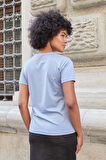 Kadın Sıfır Yaka Kırışmaz Span Karışımlı Şık Kısa Kol Likralı T-shirt Bluz-Açık Mavi