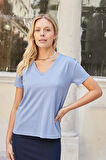 Kadın V Yaka Kısa Kol Likralı Span Kumaş Şık T-shirt Bluz-Açık Mavi