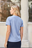 Kadın V Yaka Kısa Kol Likralı Span Kumaş Şık T-shirt Bluz-Açık Mavi