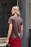 Kadın V Yaka Kısa Kol Likralı Span Kumaş Şık T-shirt Bluz-Kahve