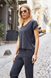 Kadın Modal İpeksi Likralı Kumaş V Yaka Duble Kollu Apoletli Yanları Yırtmaçlı T-shirt Bluz-Lacivert