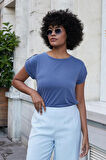 Kadın Modal Penye Geniş Sıfır Yaka Düşük Omuzlu Apoletli Kısa Kol T-shirt Bluz-İndigo