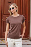 Kadın Modal Penye Geniş Sıfır Yaka Düşük Omuzlu Apoletli Kısa Kol T-shirt Bluz-Kahve