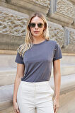 Kadın Kaliteli Modal Kumaş Sıfır Yaka Düğme Aksesuarlı Kısa Kol T-shirt Bluz-Antrasit