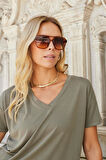 Kadın İpeksi Modal Penye Esnek Kumaş V Yaka Düşük Omuzlu Kısa Kol T-shirt Bluz-Haki