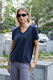 Kadın İpeksi Modal Penye Esnek Kumaş V Yaka Düşük Omuzlu Kısa Kol T-shirt Bluz-Lacivert