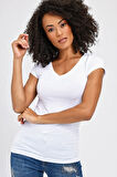 V Yaka Kısa Kol Body -Beyaz