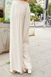 Kadın İpeksi Modal Kumaş Yüksek Bel Beli Lastikli Apoletli Yan Cepli Bol Paça Palazzo Pantolon-Bej