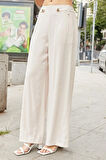 Kadın İpeksi Modal Kumaş Yüksek Bel Beli Lastikli Apoletli Yan Cepli Bol Paça Palazzo Pantolon-Bej