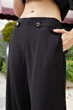 Kadın İpeksi Modal Kumaş Yüksek Bel Beli Lastikli Apoletli Yan Cepli Bol Paça Palazzo Pantolon-Siyah