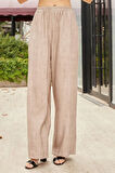 Kadın Keten Görünümlü Likrasız Yüksek Bel Beli Lastikli Yan Cepli Bol Paça Palazzo Pantolon-Taş 