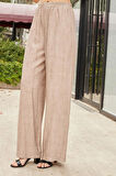Kadın Keten Görünümlü Likrasız Yüksek Bel Beli Lastikli Yan Cepli Bol Paça Palazzo Pantolon-Taş 