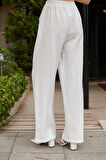 Kadın Likrasız Keten Kumaş Yüksek Bel Beli Lastikli Yan Cepli Bol Paça Palazzo Pantolon-Beyaz
