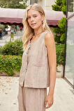 Kadın Keten Görünümlü Likrasız Kumaş Balen Yaka Flato Cepli Düğmeli Yelek-Taş 