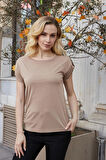 Kadın Modal Penye Geniş Sıfır Yaka Düşük Omuzlu Apoletli Kısa Kol T-shirt Bluz-Camel 