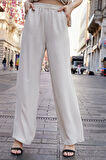 Kadın Likrasız Keten Kumaş Yüksek Bel Beli Lastikli Yan Cepli Bol Paça Palazzo Pantolon-Bej 