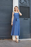 Kadın İpeksi Modal Kumaş Askılı Eteği Kiloş Diz Altı Yazlık Abiye Gece Elbise-İndigo