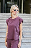 Kadın Modal İpeksi Likralı Kumaş Geniş Sıfır Yaka Düşük Omuzlu T-shirt Bluz-Bordo 