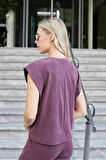 Kadın Modal İpeksi Likralı Kumaş Geniş Sıfır Yaka Düşük Omuzlu T-shirt Bluz-Bordo 