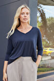 Kadın Kaliteli Modal Esnek Kumaş V Yaka Düşük omuzlu Kapri Truvakar Kol Hafif Salaş Bluz-Lacivert