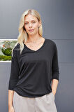 Kadın Kaliteli Modal Esnek Kumaş V Yaka Düşük omuzlu Kapri Truvakar Kol Hafif Salaş Bluz-Siyah