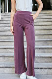 Kadın Modal İpeksi Likralı Kumaş Yüksek Bel Önden Dikişli Cepli Bol Paça Palazzo Pantolon-Bordo 
