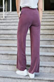 Kadın Modal İpeksi Likralı Kumaş Yüksek Bel Önden Dikişli Cepli Bol Paça Palazzo Pantolon-Bordo 