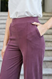Kadın Modal İpeksi Likralı Kumaş Yüksek Bel Önden Dikişli Cepli Bol Paça Palazzo Pantolon-Bordo 