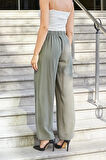 Kadın İpeksi Modal Yüksek Bel Yan Cepli Pileli Arkası Lastikli Bol Paça Palazzo Pantolon-Haki
