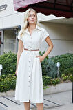 Kadın Twill Modal Yakalı Düşük Omuzlu Duble Kol  Midi Boy Diz Altı Elbise(Deri Kemer Dahil)-Krem 