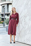 Kadın Sonbaharlık Likrasız Modal Kumaş Yakalı Yan Cepli Deri Kemerli Uzun Kol Diz Altı Uzun Elbise-Bordo
