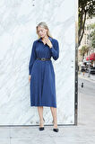 Kadın Sonbaharlık Likrasız Modal Kumaş Yakalı Yan Cepli Deri Kemerli Uzun Kol Diz Altı Uzun Elbise-Lacivert