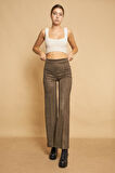 Palazzo Yüksek Bel Ön Dikişli Bol Paça Hafif Likralı Süet Kumaş Pantolon-Haki