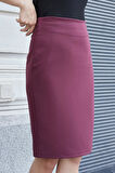 Astarlı Yüksek Bel Diz Altı Hafif Likralı Yırtmaçlı Kumaş Ofis Kalem Etek-Bordo 