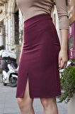 Kadın Yüksek Bel Önden Yırtmaçlı Hafif Likralı Şık Kumaş Diz Altı Ofis Kalem Etek-Bordo 