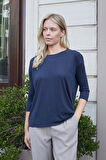 Kadın Kaliteli Modal Esnek Kumaş Geniş Sıfır Yaka Kapri Truvakar Kol Hafif Salaş Bluz-Lacivert