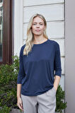 Kadın Kaliteli Modal Esnek Kumaş Geniş Sıfır Yaka Kapri Truvakar Kol Hafif Salaş Bluz-Lacivert