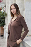 Kadın Esnek İpeksi Modal Kumaş V Yaka Uzun Kol Düğmeli Ceket-Kahve