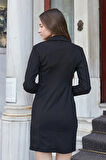 Kadın Lİkralı Krep Kumaş Yakalı Kruvaze Uzun Kol Diz Üstü Şık Ceket Elbise-Siyah