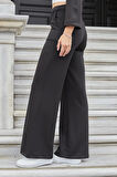 Kadın İpeksi Esnek Kalın Modal Kumaş Yüksek Bel Önden Dikişli Cepli Bol Paça Palazzo Pantolon-Siyah