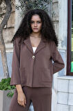 Kadın Modal İpeksi Yakalı Kapri Kollu Cepli Pili Kaşeli Ceket Hırka Ceket -Kahve 