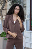 Kadın Modal İpeksi Yakalı Kapri Kollu Cepli Pili Kaşeli Ceket Hırka Ceket -Kahve 