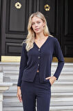 Kadın Esnek İpeksi Modal Kumaş V Yaka Uzun Kol Düğmeli Ceket-Lacivert 