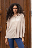 Kadın Yakalı Gizli Patlı Düşük Omuzlu Uzun Kol Gömlek-Bej 