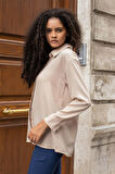 Kadın Yakalı Gizli Patlı Düşük Omuzlu Uzun Kol Gömlek-Bej 