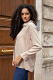 Kadın Yakalı Gizli Patlı Düşük Omuzlu Uzun Kol Gömlek-Bej 