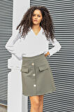 Kadın Diz Üstü Yüksek Bel Önü Düğmeli Cep Kapaklı Hafif Likralı Kumaş Çan Etek-Haki 