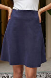 Hafif Likralı Süet Kumaş Yüksek Bel Diz Üstü Kısa Kiloş Etek-Lacivert 